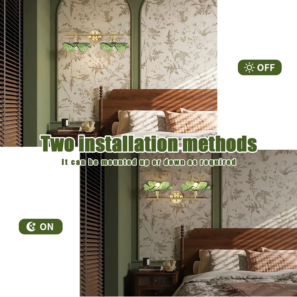 Auwieou 2 Light Bathroom Lighting Fixtures Over Mirror  Vintage Wall Sconces With Glass Shade Green Vanity Lights Mid Century Wall Sconce Light Gold Wall Lighting For Bedroom Living Room Hallway