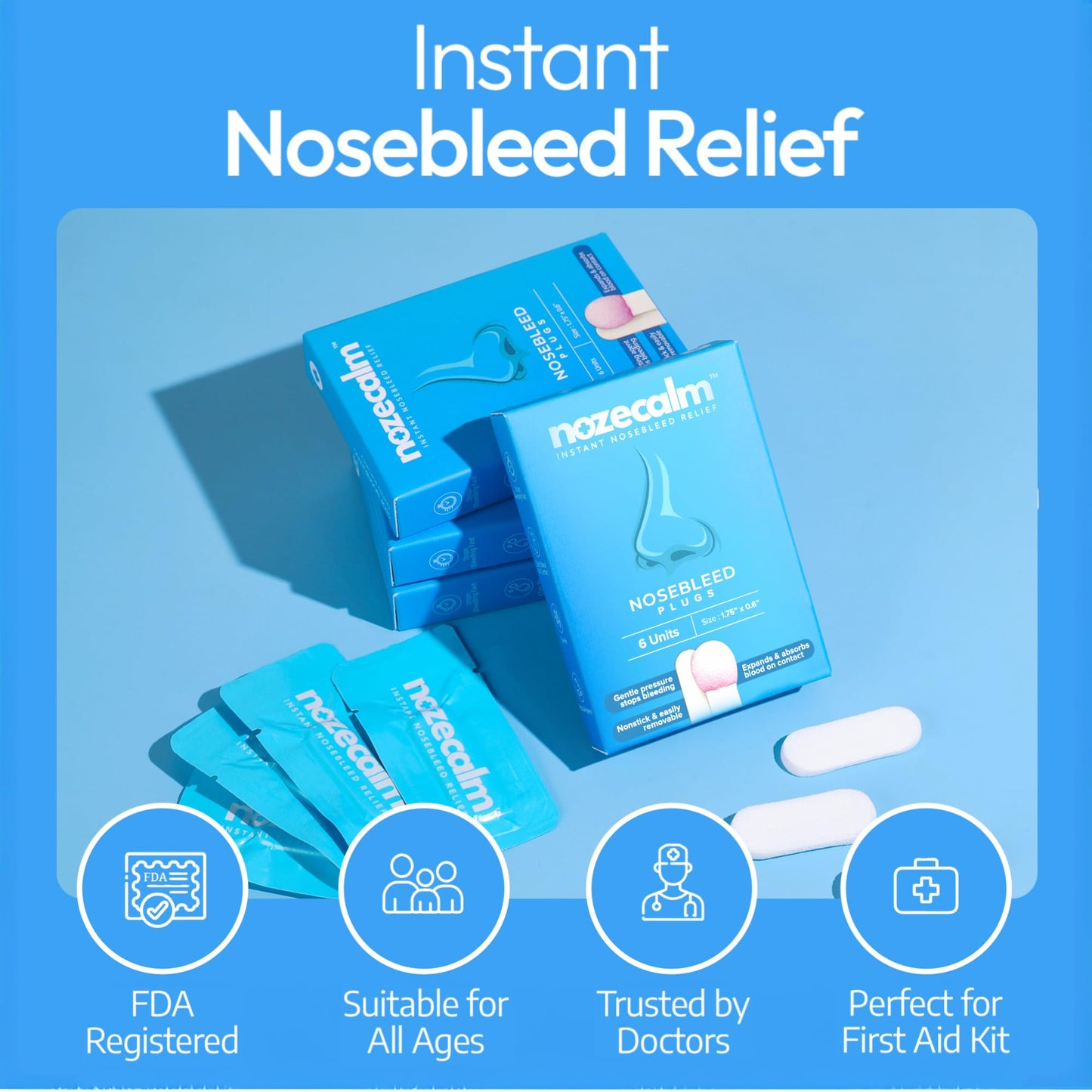 NozeCalm Nose Bleed Stopper - Nasal Plugs for Kids, Adults & Seniors, Instant-Acting Non-Stick Plugs - Disposable Zero-Chemical Bloody Nose Solution for Emergency Supplies & Travel - 6 Counts