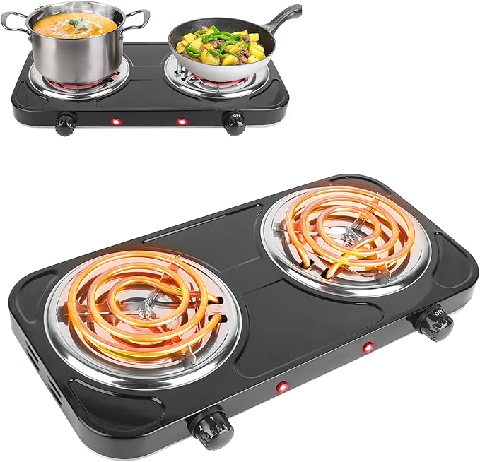 Double Hot Plate, 2000W Portable Countertop Burner & Electric Stove, 5-Level Temp Cast Iron Double Burner Cooktop for Home/RV/Camping (Black)