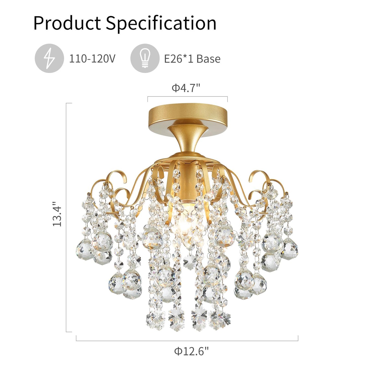 Wuzups Crystal Chandelier Flushmount Ceiling Light Modern Lighting Fixture For Bedroom Hallway Bar Kitchen Bathroom  H 13.4 X W 12.6  E26 Base  Gold