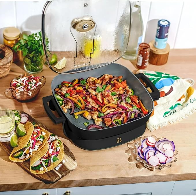 Beautiful 5-in-1 Electric Skillet 7QT, Cast Aluminum Extender, Nonstick, 1500W, Dishwasher-Safe Lid, Slow Cook, Steam. (Black Sesame)