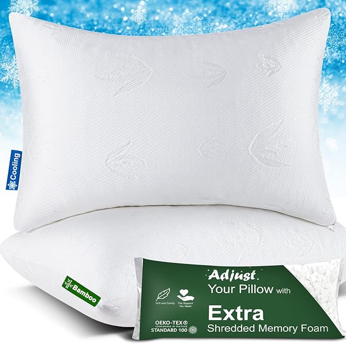 Cooling Bed Pillows for Sleeping 2 Pack, Shredded Memory Foam Pillows Queen Size Set of 2 - Adjustable Pillows for Side Back Sleepers with Cooling Washable Cover, Medium Firm Support Pillows