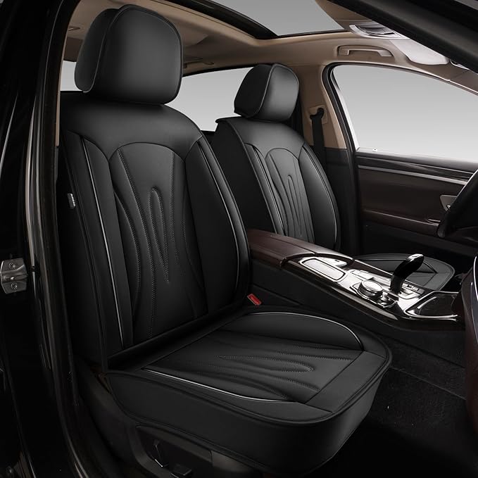 Front Car Seat Covers 2-Piece Set Fit for Kia Seltos 2021-2025,Non-Slip Faux Leather Waterproof Seat Covers Compatible with Airbag(Black,2PCS Front)