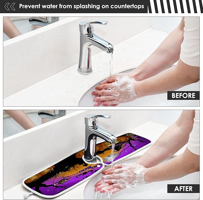 Happy Halloween Purple Faucet Sink Mat for Kitchen 2 Pack Spooky Ghost Pumpkin Bat Witch Bathroom Drying Mat Absorbent Splash Water Catcher Mats Microfiber Cloth Drip Protector Splash Pad 30x5 Inches