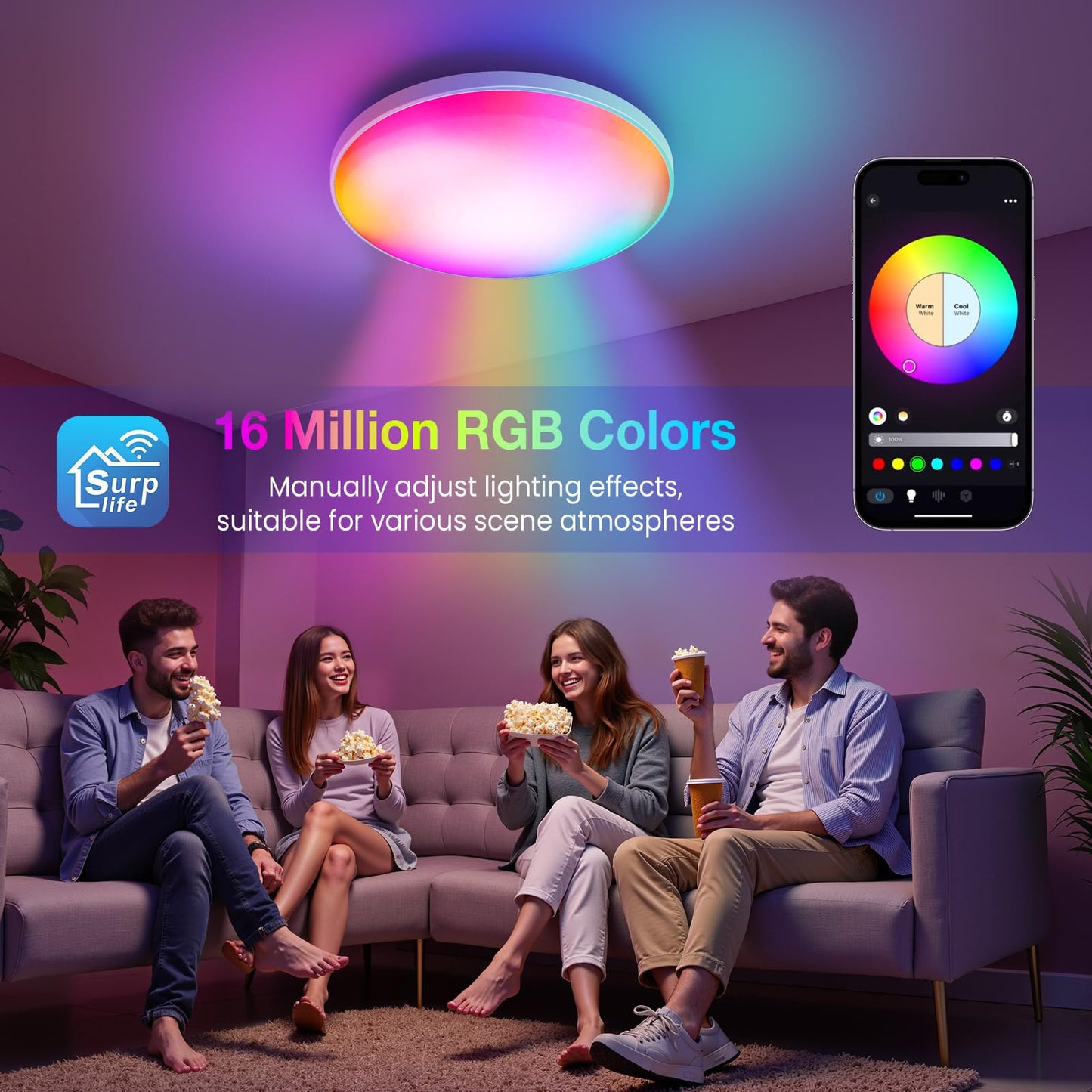 PKBD Smart Ceiling Light, 12 Inch RGB LED, Remote Control, 3000K-6500K, Ultra-Thin, White, Model ZJ-BWCLAH-RGBWW-R