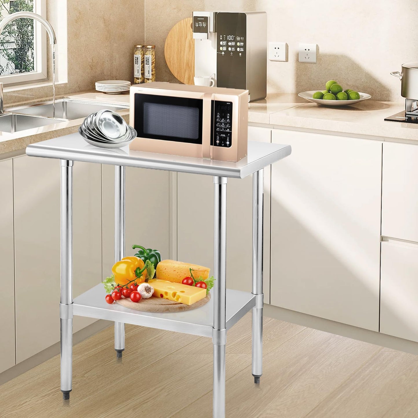 STABLEINK NSF Stainless Steel Table, 30 x 18 Inches Small Metal Prep & Work Table with Adjustable Undershelf, for Commercial Kitchen, Restaurant, Hotel and Garage