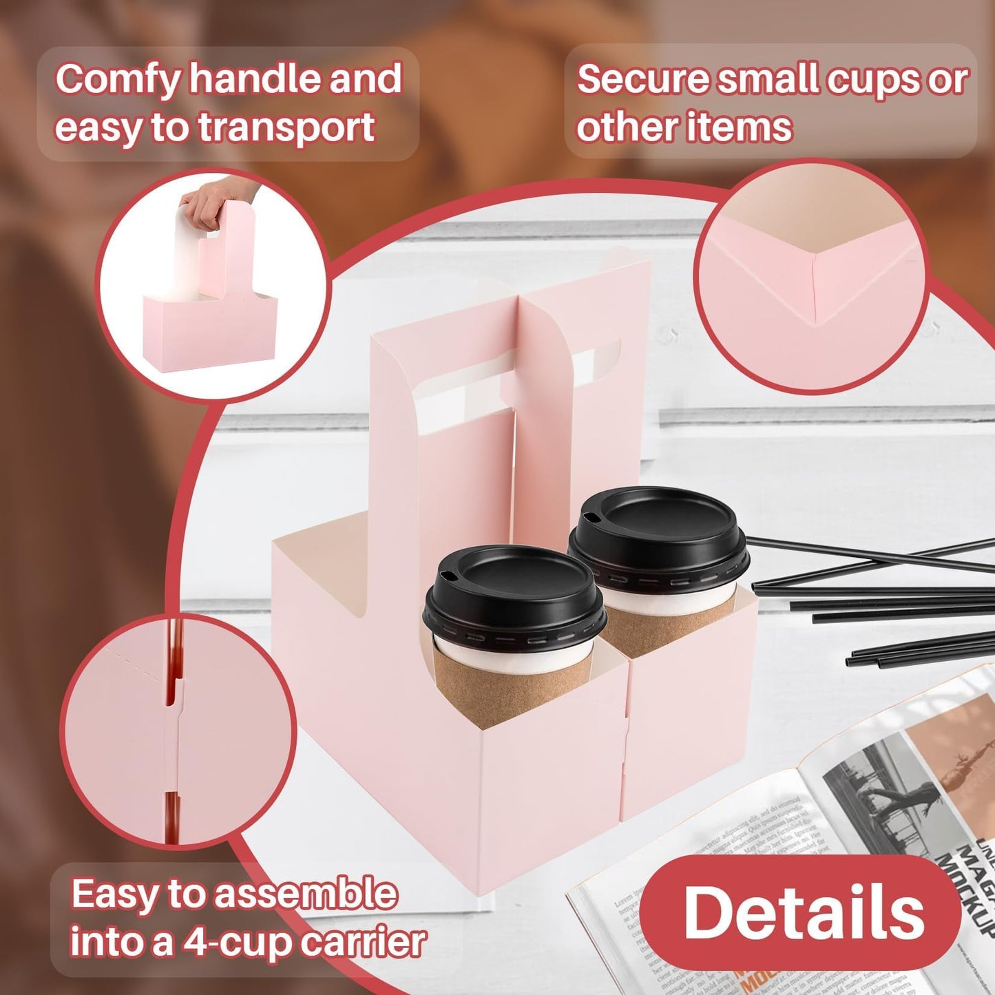 MAQIHAN 2 Cup Drink Carrier with Handle - 12Pcs Disposable Paper Cardboard Coffee Cup Holder Portable Drink Caddy Cup Carriers Foldable to go Cup Holder Food Delivery Accessories for Hot/Cold Drinks