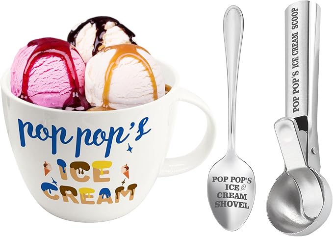 Pop Pop Gifts, Gifts for Pop from Grandkids on Christmas, Poppop's Ice Cream Bowl Scoop Shovel Spoon Set, Poppop’s Ice Cream Gift, Christmas Birthday Father's Day Pop Gift for Him Man