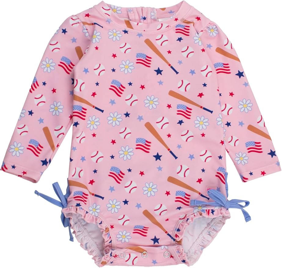 RuffleButts Baby Girls UPF 50+ Sun Protection Novelty Print Long Sleeve One Piece Rash Guard Swimsuit with Zipper