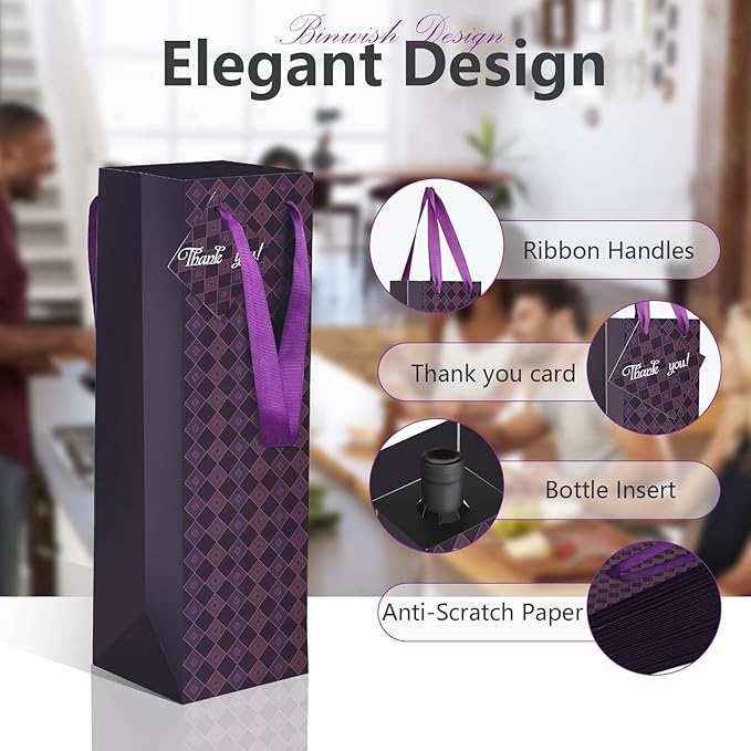 Wine Bags, 6 Packs, Strong Card Paper Wine Gift Bag with Ribbon Handles and Thank You Card, 4-3/8x 4 x 14 Fit 750ml Wine Bottle or Champagnes - Purple 6