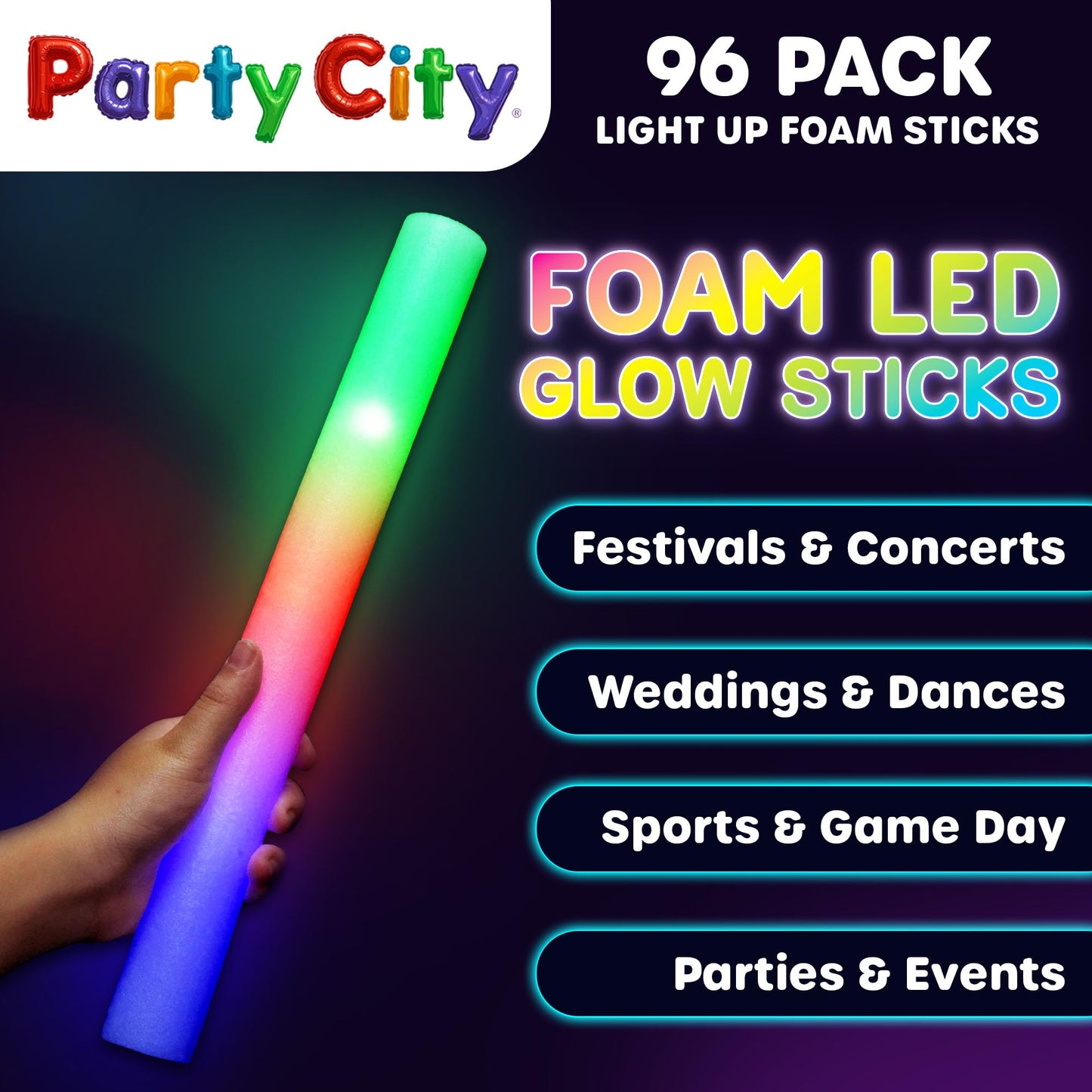 Party City 96Pk Led Foam Glow Sticks 14 - Glow In The Dark Party Supplies Favors  Colorful Flashing Wand With 3 Modes  Foam Light Up Sticks Bulk Party Pack For Wedding  Birthday  Concert  Halloween