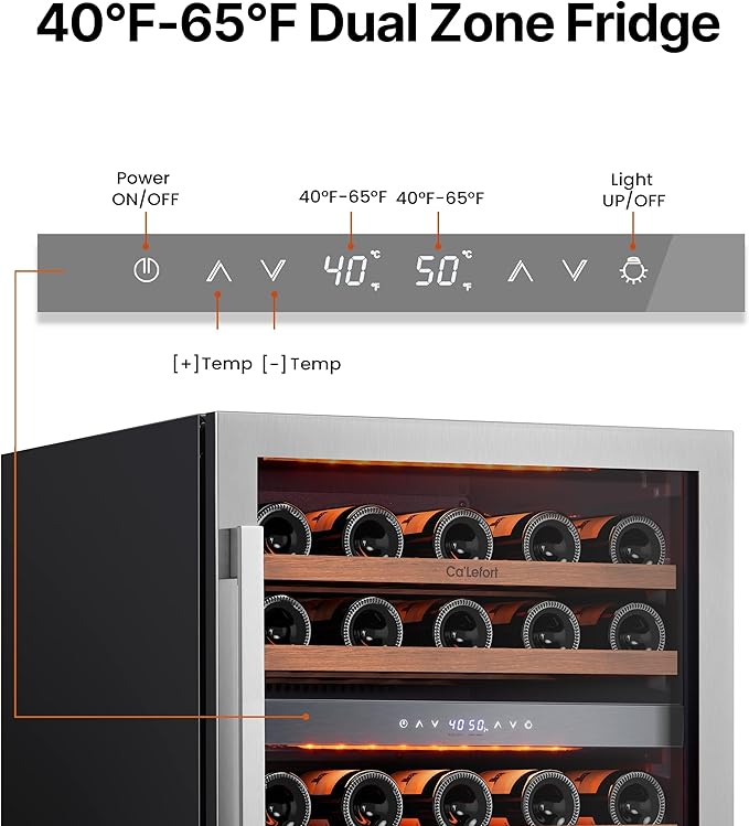 Ca'Lefort 24 Inch Wine Fridge Cooler - 52 Bottles Dual Zone Cooler with Glass Door, 3 LED Built-in Compressor Fridge with Adjustable Shelves for Home Office Bar (5.65 cu.ft)