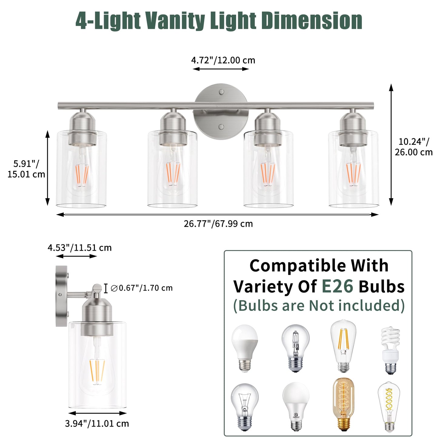 Espird Bathroom Vanity Light Fixtures, 4 Lights, Brushed Nickel, Metal, Model EP-4-Light-Nickel, Rustic Farmhouse Design