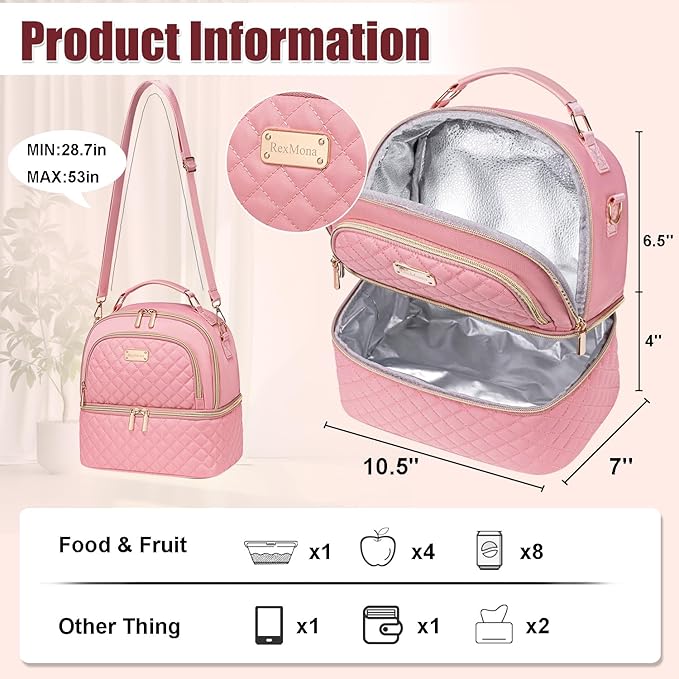 Lunch Bag for Women,Double Decker Lunch Box for Womens, Insulated Lunchbag Leakproof Lunch Tote Lunch Cooler Bag for Women Men,Lunchbox with Adjustable Strap for Work Picnic Beach