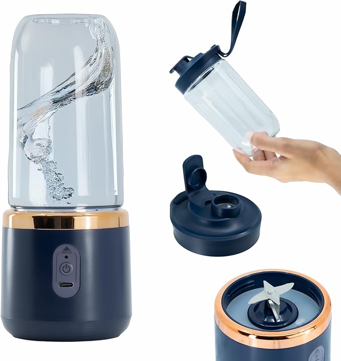 Regalosonline Mini Personal and Portable Hand Blender for Smoothies, Juices, Protein, Fruits, and Vegetables with 6 Blades + 2 Cups to go anywhere - USB Rechargeable!