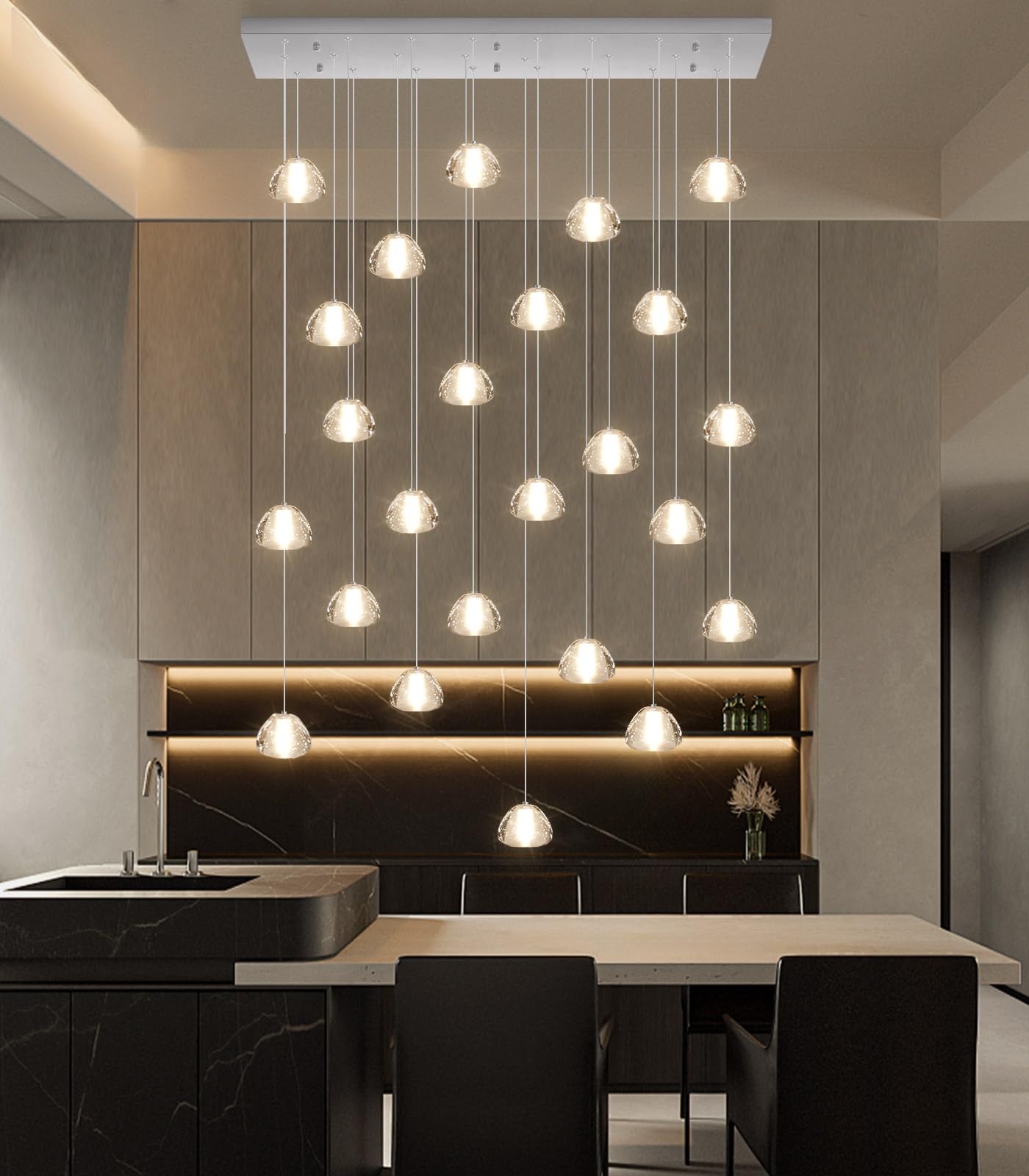 Dolria 24-Lights Modern Rectangular Crystal Chandelier Led Raindrop Ceiling Pendant Light Crystal Lighting Fixture For Living Room Hotel Staircase Hallway Foyer Entryway Bedroom Silver