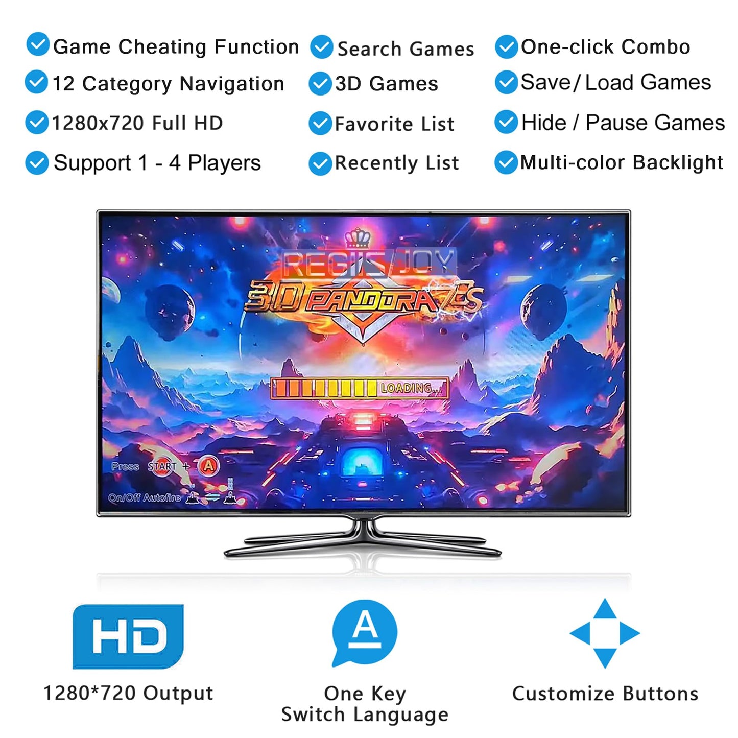 RegiisJoy 32000 in 1 Wireless Pandora Box Arcade Game Console 78S Bluetooth for PC Projector 4K TV, 2-4 Players, 1280X720, 3D Games, Search/Hide/Save/Load/Pause Games