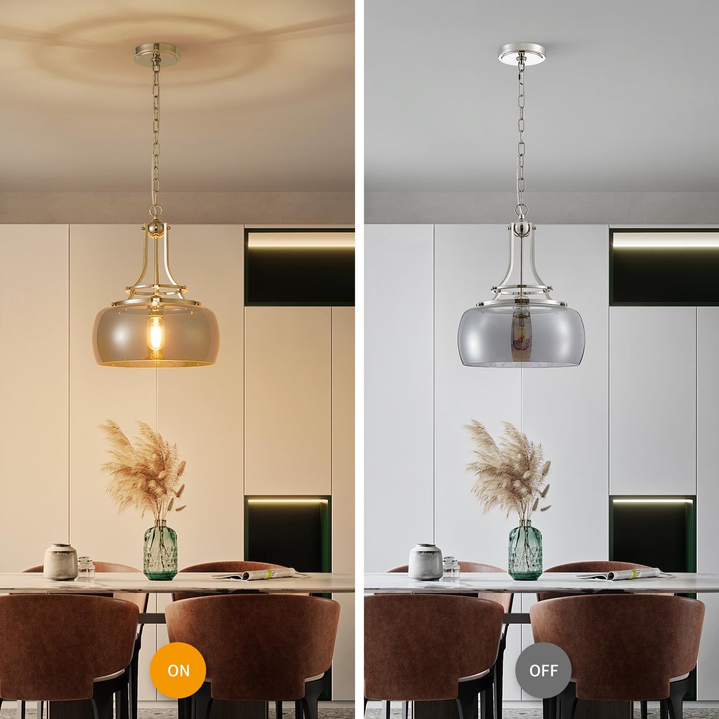 WUZUPS Nickel Chandelier Pendant Light, Electroplated Gray Glass Shade, H 17in W 13.4in, Model USHD9607GR, for Dining Room or Kitchen Island