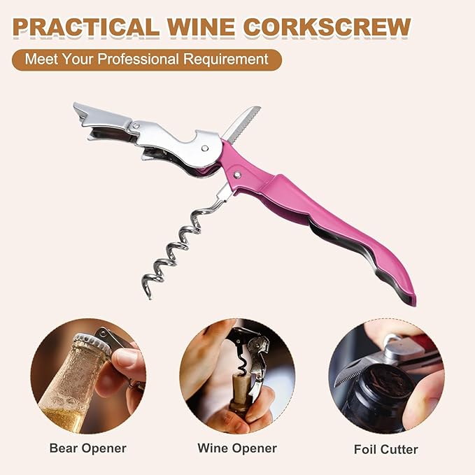 uxcell 2 Pcs 4.8" Stainless Steel Wine Opener, Waiter Corkscrew Professional Wine Key Bottle Opener with Double Hinged Foil Cutter for Bar Servers Waiter Bartender and Home, Pink