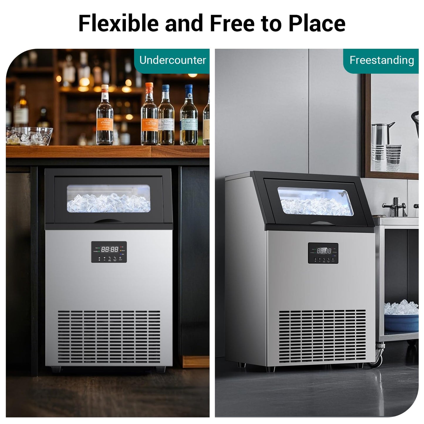 ETL Approval Commercial Ice Maker Machine 200 Lbs/24H Stainless Steel, with 50Lbs Storage Bin, Under Counter or Freestanding Ice Maker, 55 Ice Cubes in 8-15 Minutes for Home & Commercial