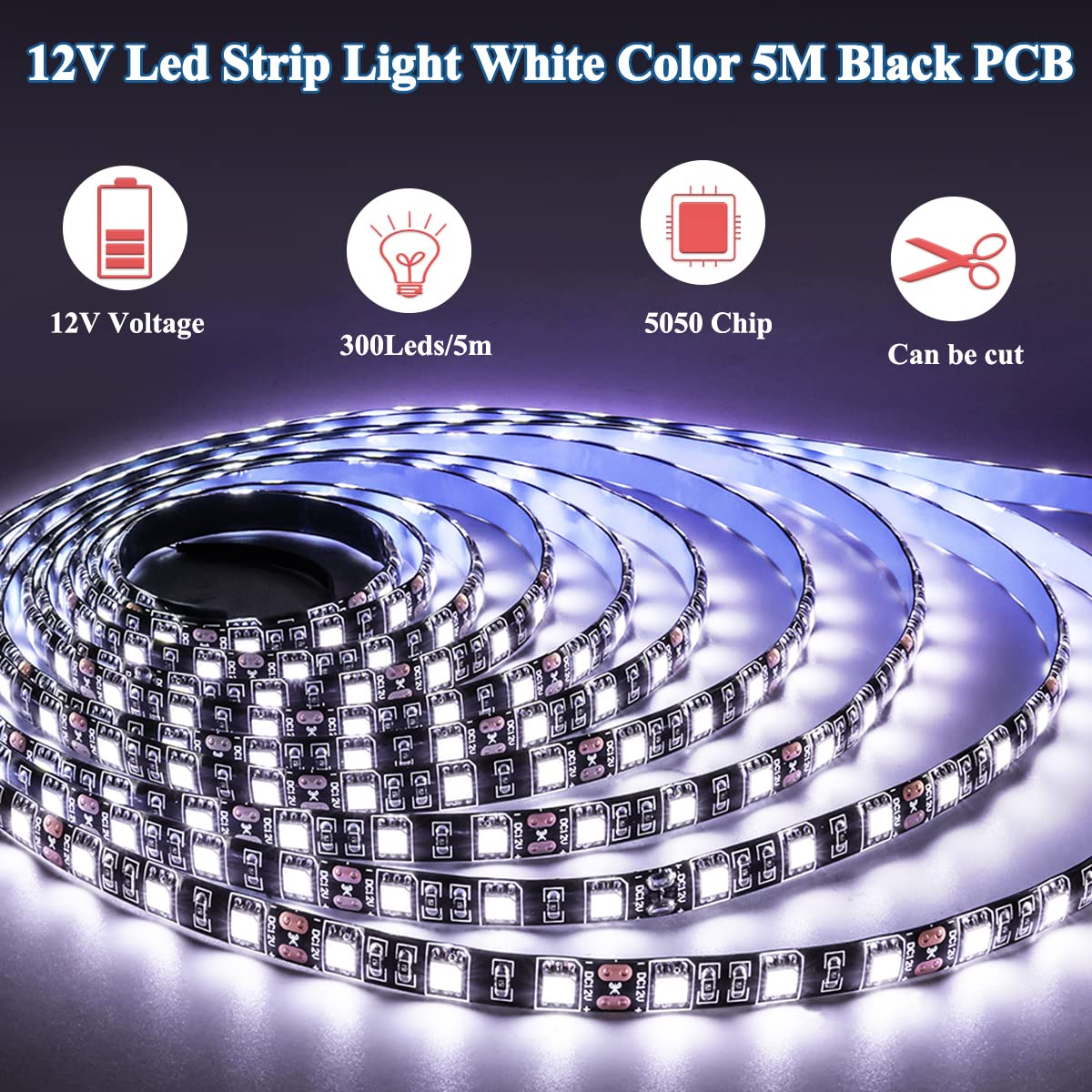 TX 12V LED Strip Light 16.4ft White SMD 5050 IP65 Waterproof Black PCB Model 810
