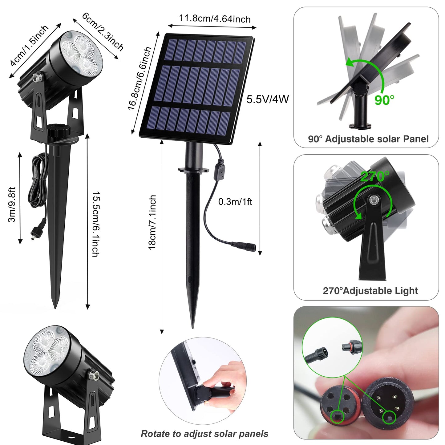CREPOW Solar Spot Lights Outdoor, 3-in-1 Garden Spotlights IP65 Waterproof 9.8ft Cable, 5W 4000mAh Separated Solar Panel, Auto On/Off for Tree Patio Yard Driveway Pathway Pool(Cold White 6000K)