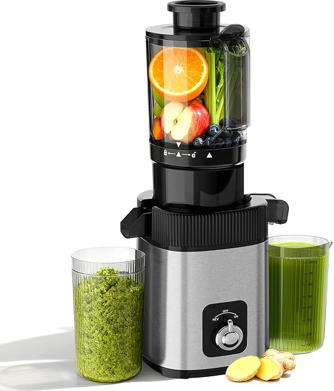 Cold Press Juicer Machine, 4.4" Wide Feed Chute, Slow Masticating Juicer for Whole Vegetables & Fruits, Easy to Clean Stainless Steel Juice Press, Dishwasher Safe, High Juice Yield