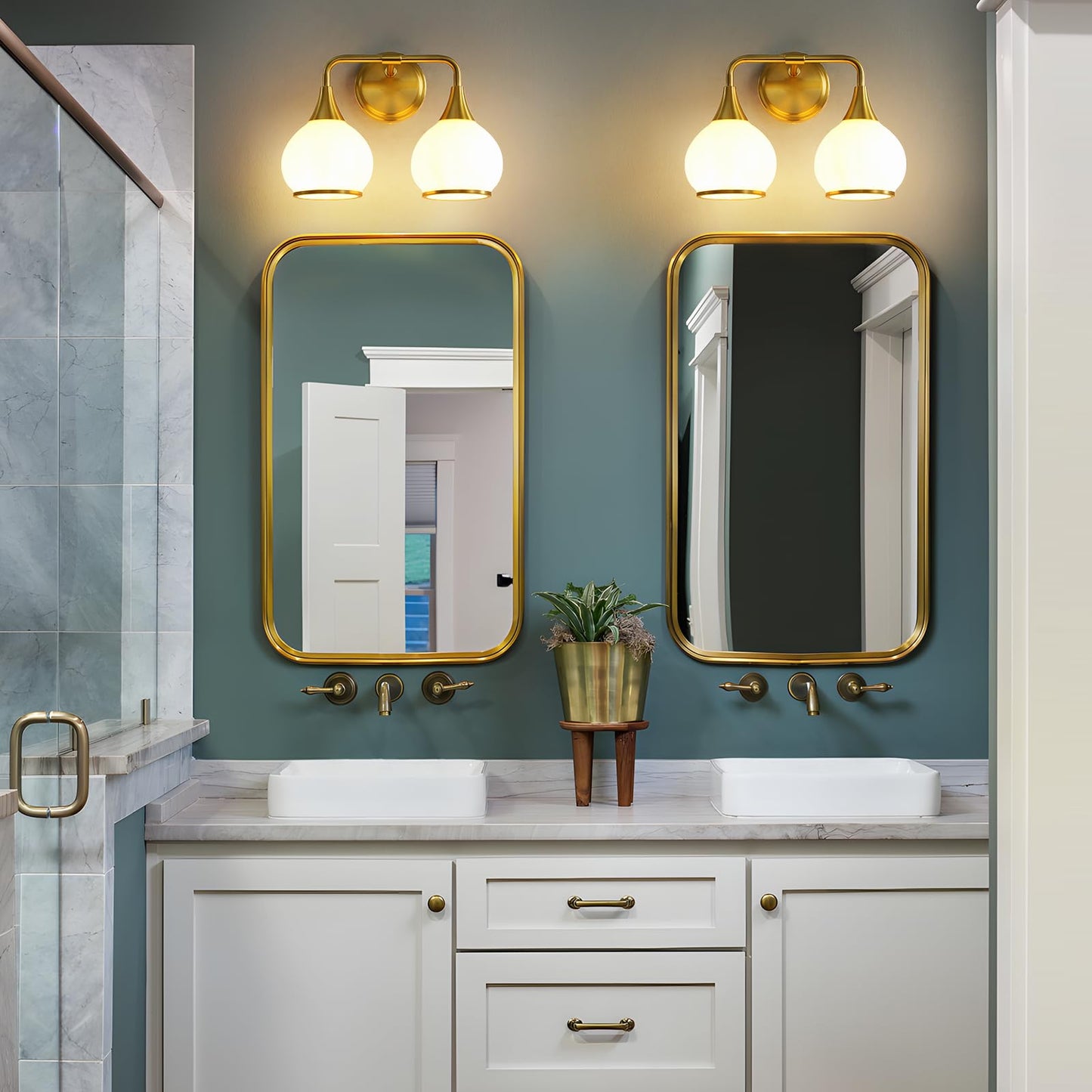 Hahzt Brushed Gold Bathroom Light Fixture, 2-Light Vanity Sconce, Milky White Frosted Glass Shade, Model 8033Ml