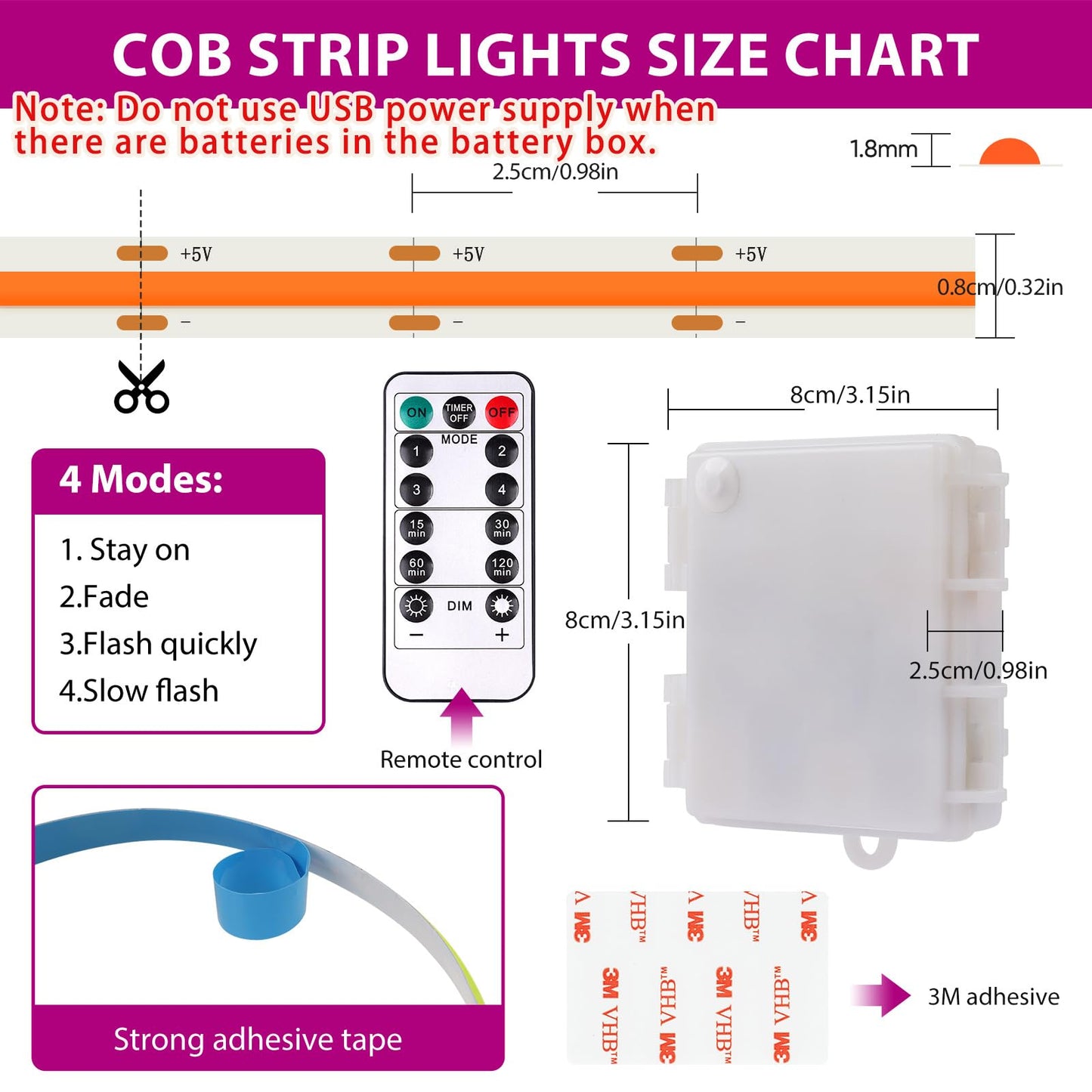 Omika Pink Cob Led Strip Lights Battery Powered With Remote  6.56Ft 640Led Light Strip Dimmable Cuttable Flexible Wireless Led Tape Light For Gifts  Bedroom  Party  Tv Backlight  Diy Decor (2 Pack)