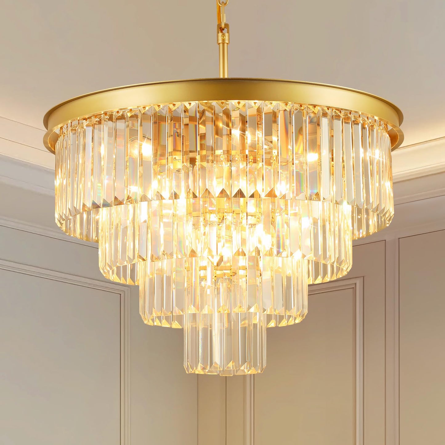Crystal Chandeliers For Dining Room Lights Fixture Over Table  15 Lights Gold Modern Chandeliers For Living Room  4-Tier Round Crystal Lighting Fixtures For Bedroom Entryway Kitchen Island D24 Inch