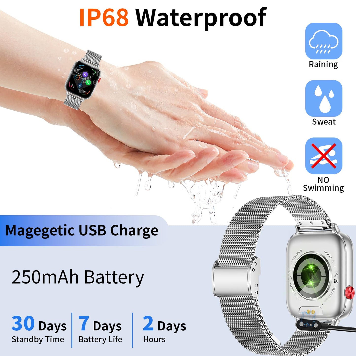 Kazunet Smart Watch for Women Men,1.83" HD Smartwatches (Answer/Make Call), IP68 Waterproof Activity Fitness Tracker, HR, Sleep Monitoring, Pedometer, Fitness Watch for Android iOS (Silver)