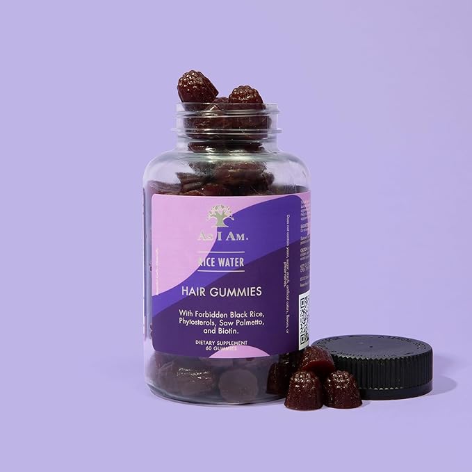 As I Am Rice Water Hair Gummies, 60 Count, 30 Day Supply - with Forbidden Black Rice, Phytosterols, Saw Palmetto, Biotin, Phytonutrients, Essential Vitamins and Minerals.