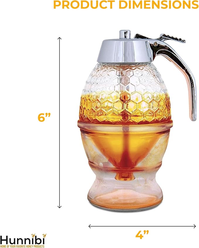 Hunnibi 8oz No Drip Glass Honey Dispenser with Plastic Top - Honeycomb-Style Syrup Server and Bee-Themed Storage Jar with Stand - 6" Clear Container for Honey, Maple Syrup
