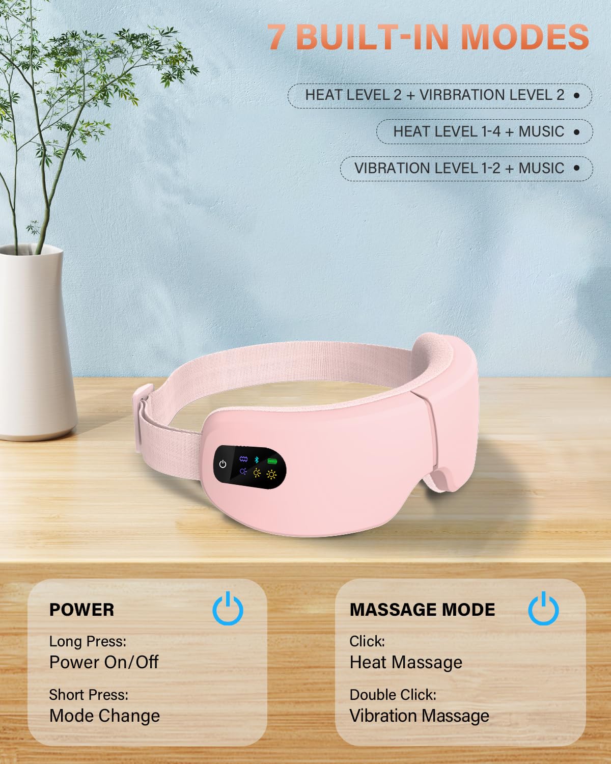 ZZR SEVEN Eye Massager with Heat, 7 Heating and Vibration Modes, Eye Mask, Birthday Gifts for Women, Men, Friend, Mom and Dad, Sleep Mask for Relax, Migraine Relief, Improve Sleep, Pink
