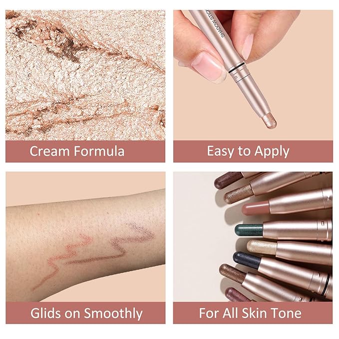 Champagne Eyeshadow Stick, Shimmer Cream Single Eyeshadow Pencil High Pigmented Eye Shadow Brightener Stick, Hypoallergenic Waterproof Long Lasting Highlighter stick Create Multi-Dimensional Eyes Look