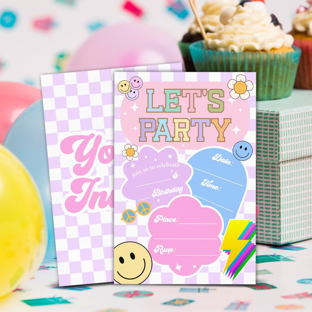 Let’s Party Birthday Invitations, Retro Smile Face Birthday Party Fill in Invites Cards With Envelopes (20 Count), Double Sided Design