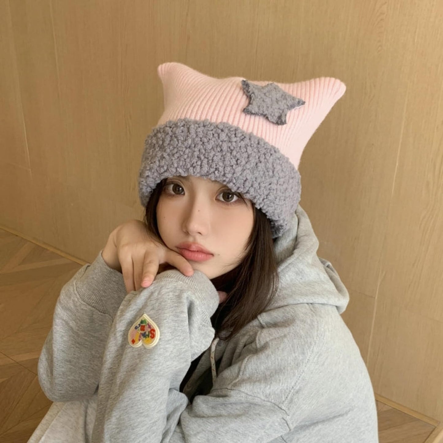 Cute Crochet Hat for Women Y2K Knit Hat Kawaii Beanie Cat Ear Grunge Fairy Slouchy Headgear Accessories (Pink-Grey)