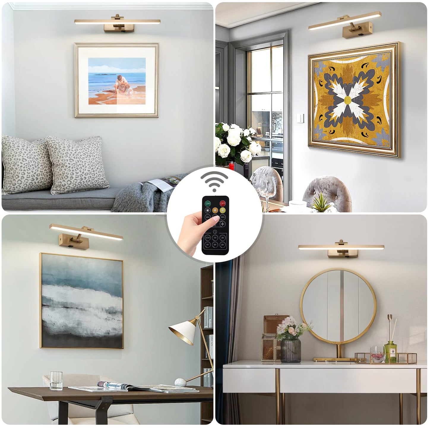 Wireless Picture Lights With Remote And Timer Brass Gallery Lighting Rechargeable Wireless Art Lights 3Cct Dimmable discomfort-reducingting Lights Battery Operated Wall Lights For Portrait Artwork Display 3W 16