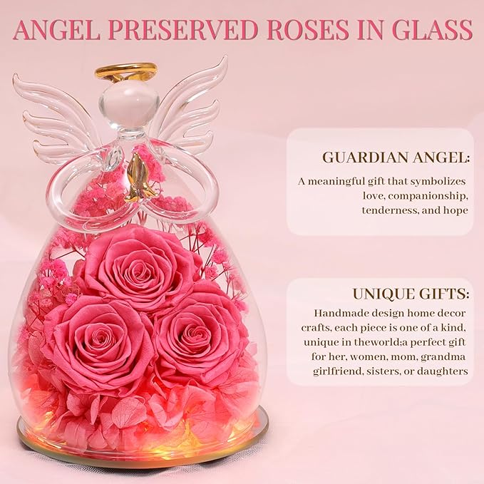 Beferr Valentines Day Rose Gifts for Her Women Mom Gifts for Birthday, Fresh Flowers for Delivery Forever Preserved Rose in Glass Angel Figurine, for Grandma Wife Daughter Girlfriend