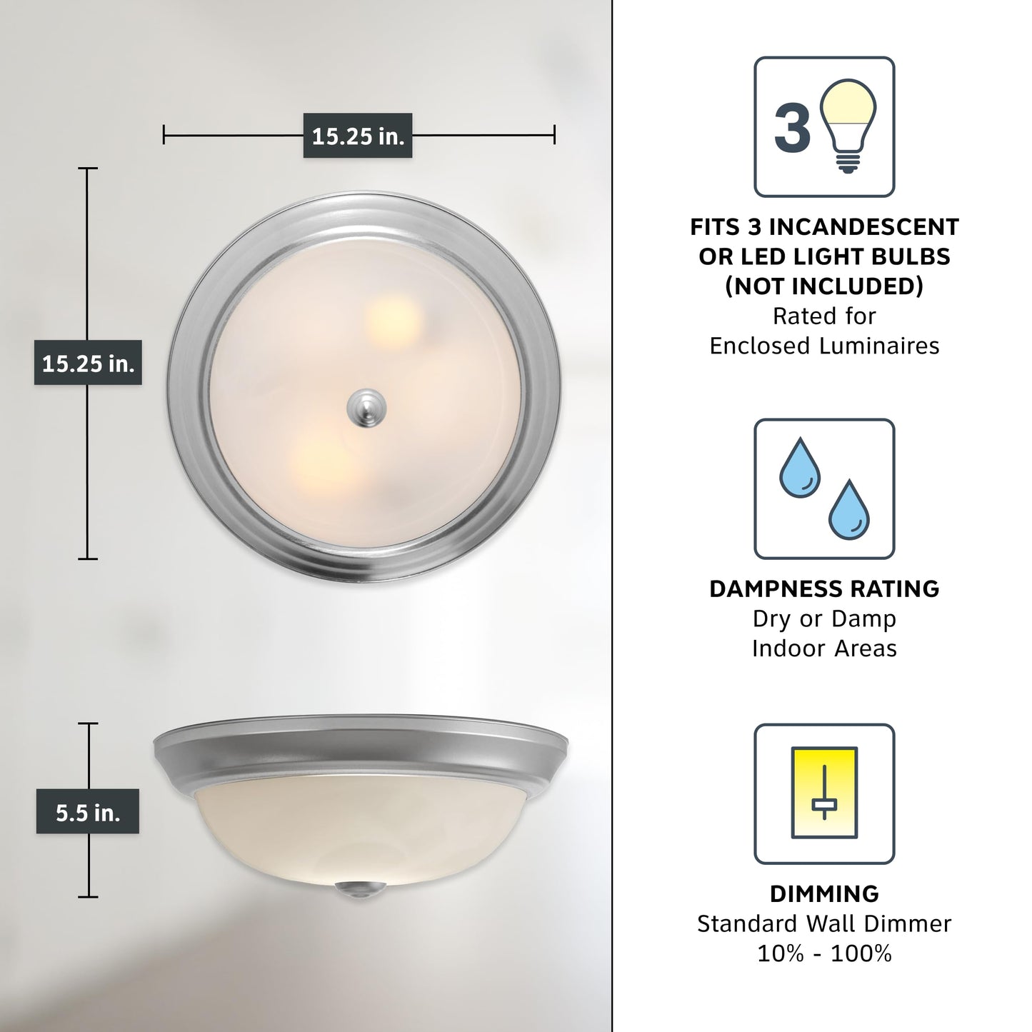 DESIGNERS FOUNTAIN 3-Light Flush Mount Ceiling Light, 15 in, Pewter, Alabaster Glass Shade, Model 1257L-PW-AL
