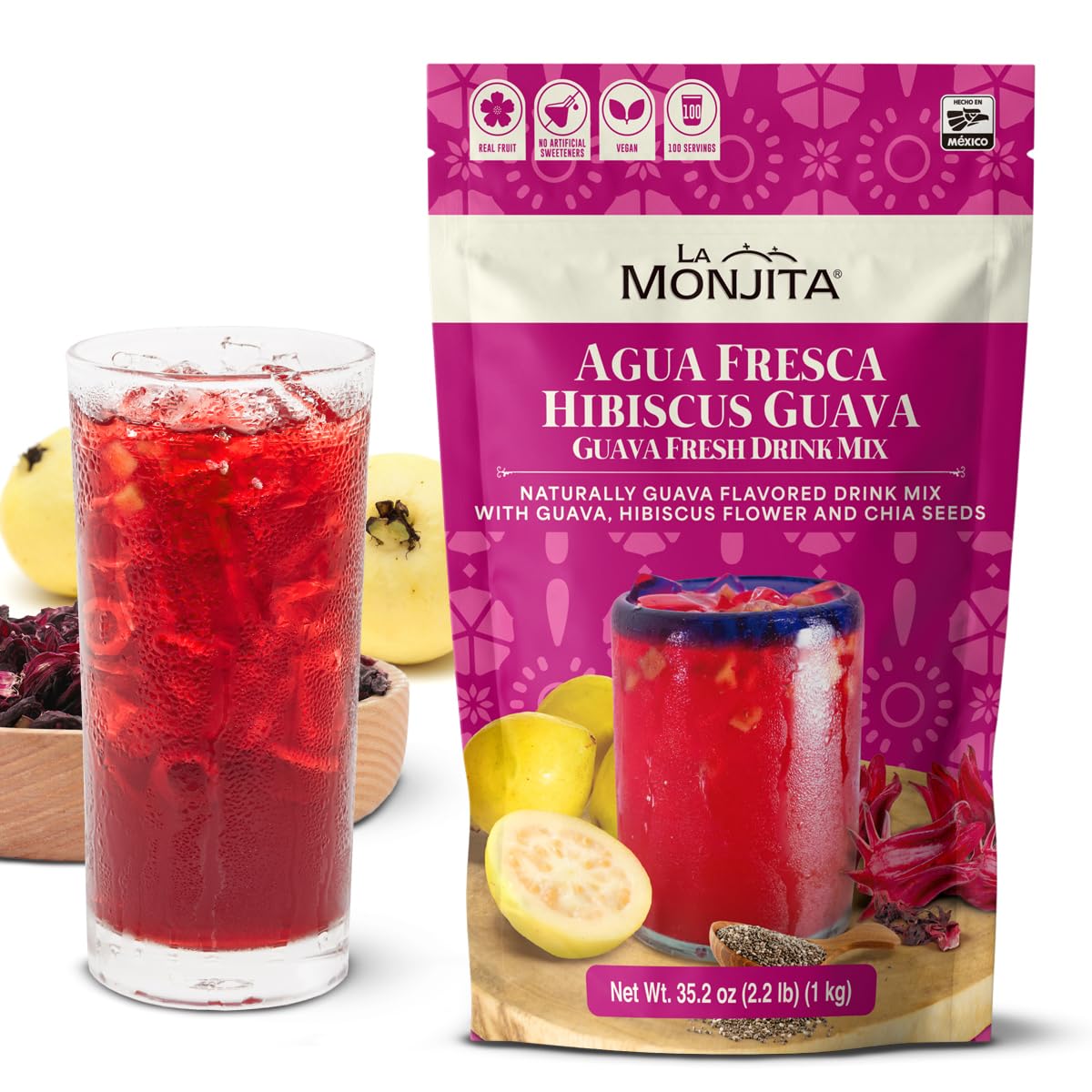 La Monjita Agua Fresca Hibiscus Guava - Mexican Agua de Jamaica Naturally Flavored Drink Mix with Hibiscus, Guava, and Chia Seed