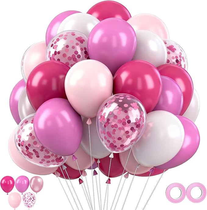50PCS Metallic Pink Balloons Birthday Decorations, 12inch Hot Pink Latex Balloon, Supplies Perfect for Birthday Party, Fri...