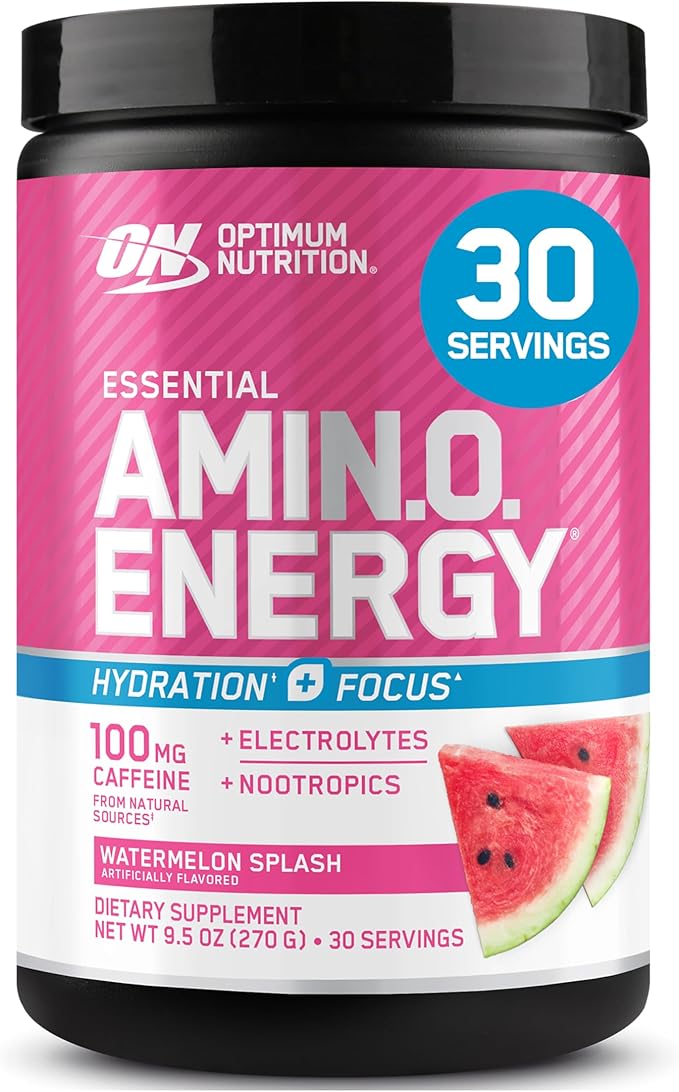 Optimum Nutrition Amino Energy Powder Plus Focus, with BCAA, Electrolytes, and Caffeine, Watermelon, 30 Servings (Packagin...