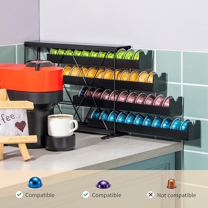 ZCDCP Black Metal 4 Tier Coffee Pod Holder, Nespresso Coffee Pod Holder Vt Pod Wall Mountable Storage Drawer, for Vtline Capsule Coffee Machine (40 Pods Capacity)