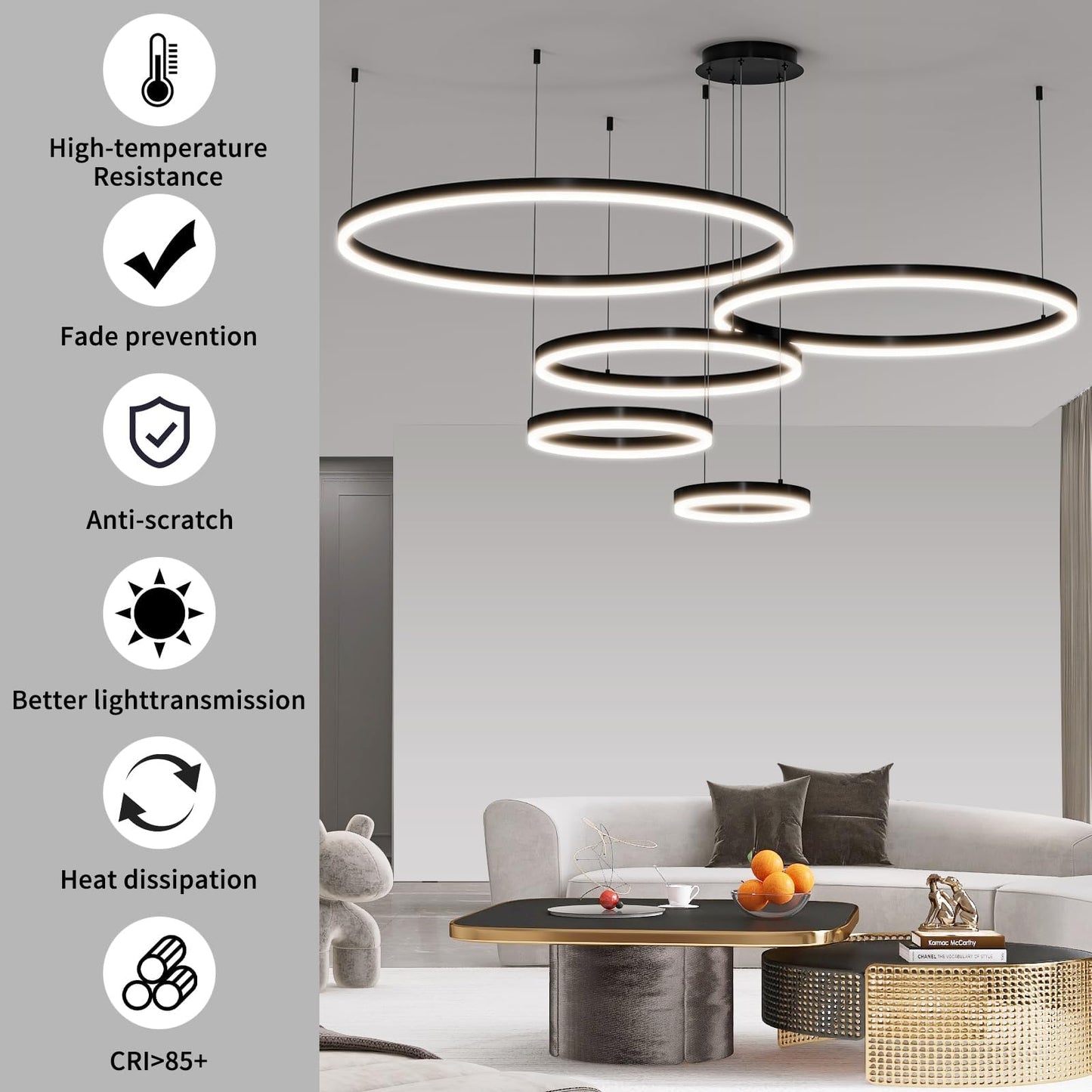 Mikeru Modern LED Chandelier Light, Adjustable 3000K-6500K, 5 Rings, Aluminum, 39.5IN, A-Black, Model DK-346810