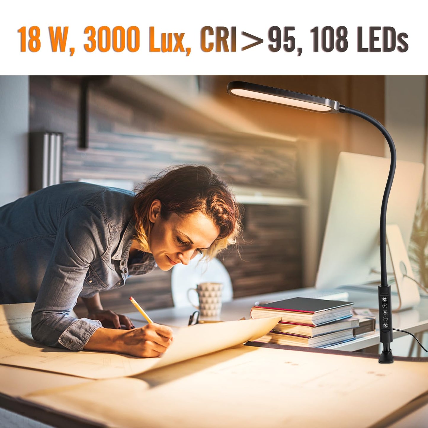 CeSunlight Clamp Lamp, Ultra Bright 18W, CRI>95, 3000 LMS, 3 Color Modes, Large, Ink Black, Model G03