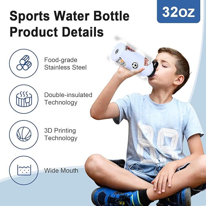 Sport Water Bottle,304 Stainless Steel Double Insulated Water Bottle with 50 Sports Themed Stickers and Lid Straw(32OZ)
