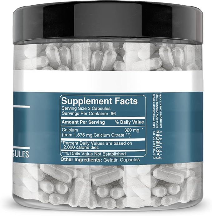 Earthborn Elements Calcium Citrate 200 Capsules, Pure & Undiluted, No Additives