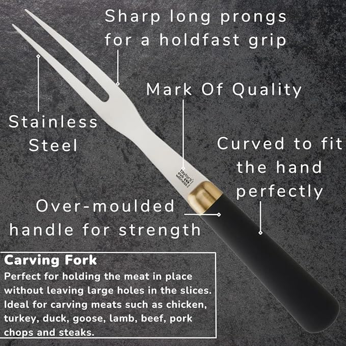 Taylors Eye Witness Carving Knife & Meat Fork Set - 20cm/8 Inch Classic Matt Stainless Steel Blade. Strong, Stylish Two Prong Fork for Professional Chefs & Home Cooks. Brass Bolster. Soft Grip Handle