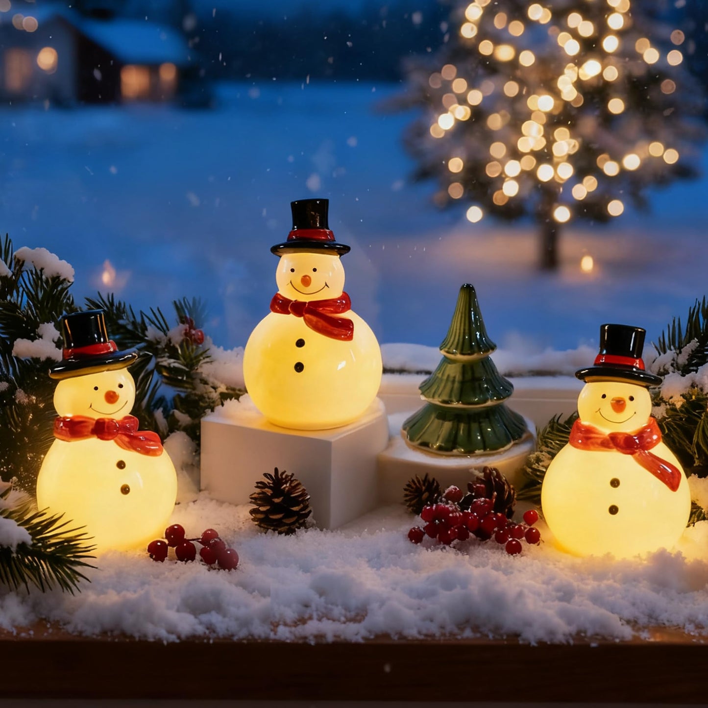 Nerosun Christmas Snowman Figurines  3 Pack Ceramic Cute Led Lighted Snowman Tabletop Christmas Decorations  Light Up Table Ornaments For Indoor Cabinet Mantel Fireplace Winter Xmas Decor